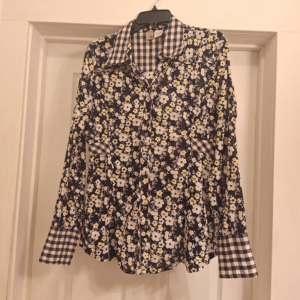 BKE Floral and Checkered Button Down Shirt - Black, White, Yellow Size Large